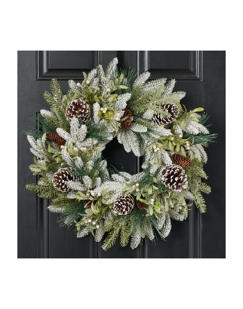 Wild Winter - Frosted Long Needle Pine, Glitter Mistletoe & Snow Covered Pinecones Wreath – 24”