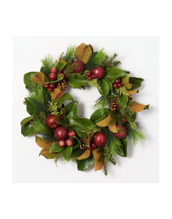 Real Touch Magnolia, Pine, Faux Red Apple, & Pinecone Christmas Wreath – 24”