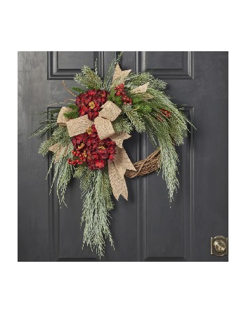 Intertwined Burlap Bow Holiday Wreath with Wispy Scotch Pine, Christmas Red Hydrangea & Winter Berries – 24”