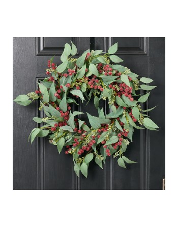 Seeding Needle Leaf Eucalyptus & Ruby Red Sugar Glitter Berry Christmas Wreath – 24”